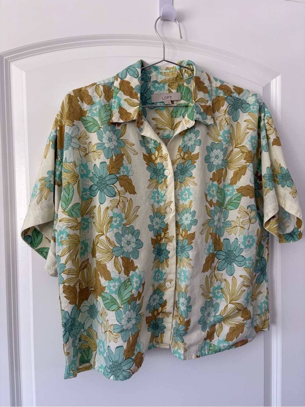 LOFT Cream Button-Up Shirt with Teal & Mustard Floral Print